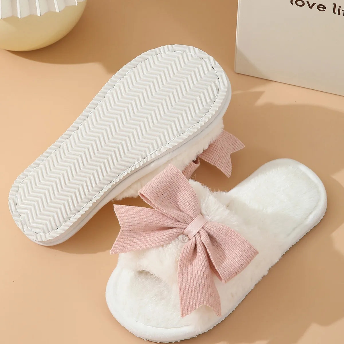 Women's Cute Bow Open Toe Plush Slippers | Cozy Winter House Shoes