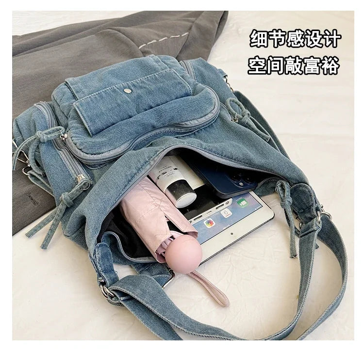 Trendy Solid Color Denim Shoulder Bag | Versatile Women's Crossbody