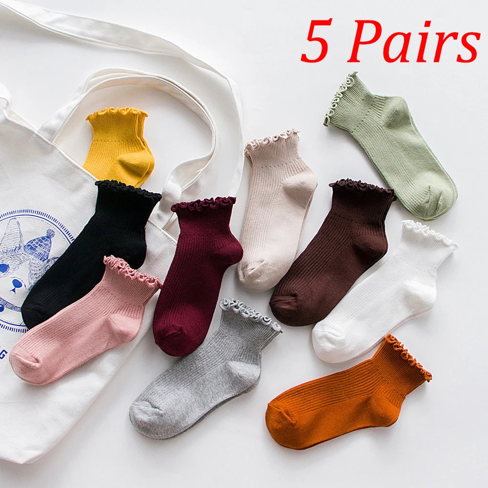 5 Pairs Women's Ruffled Ankle Socks | Stylish and Breathable