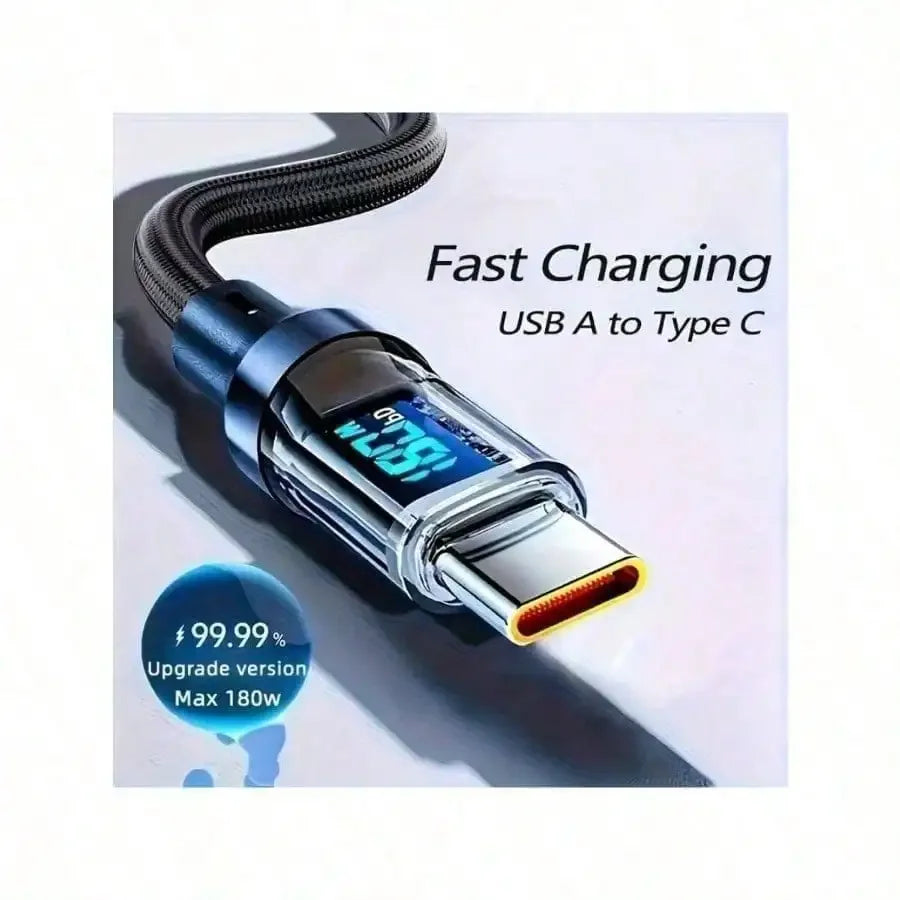 180W ultra fast charging USB A to Type-C cable with LED digital display, matte surface, data synchronization,