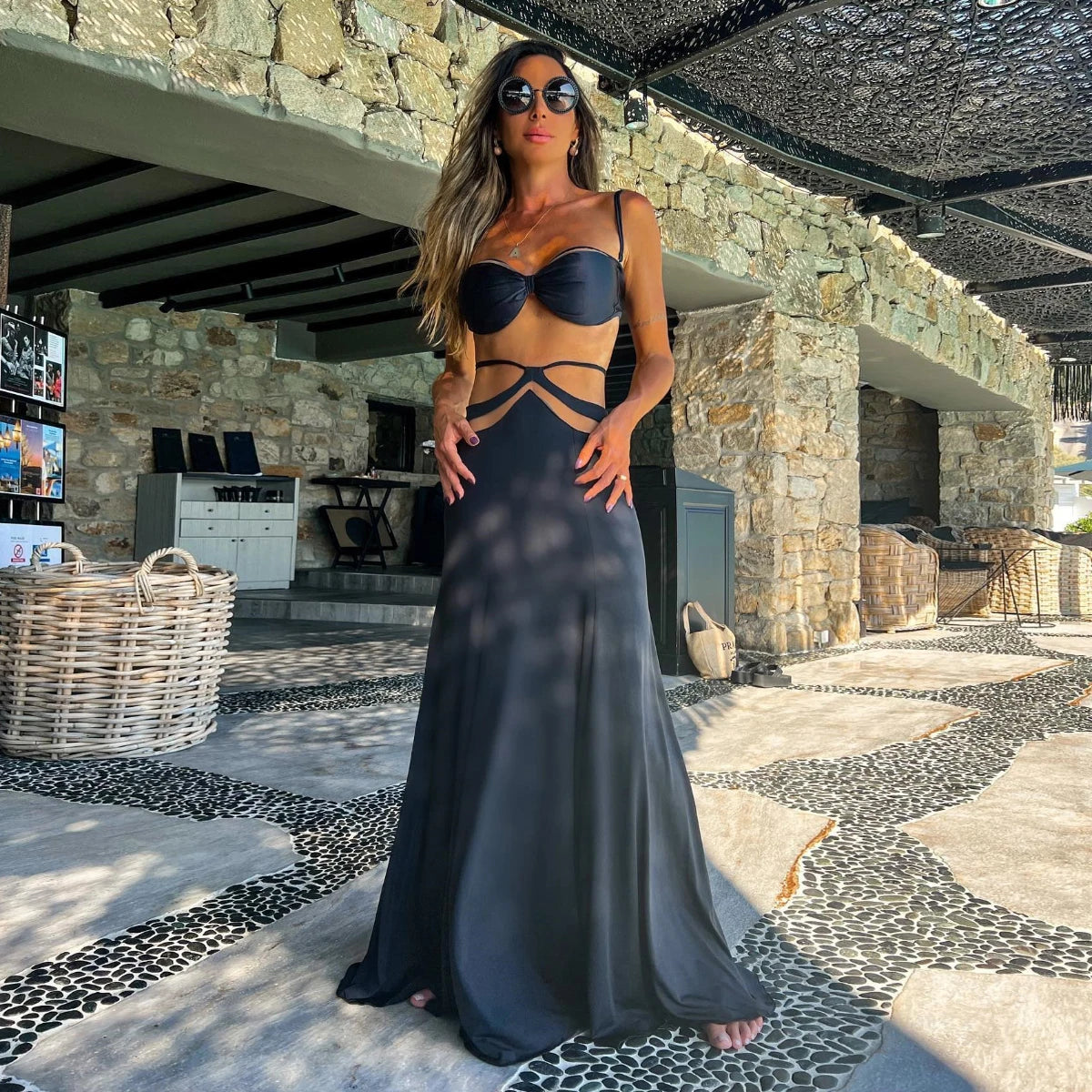 Black Off Shoulder Bikini Pantdress Set | Summer Beach Swimwear