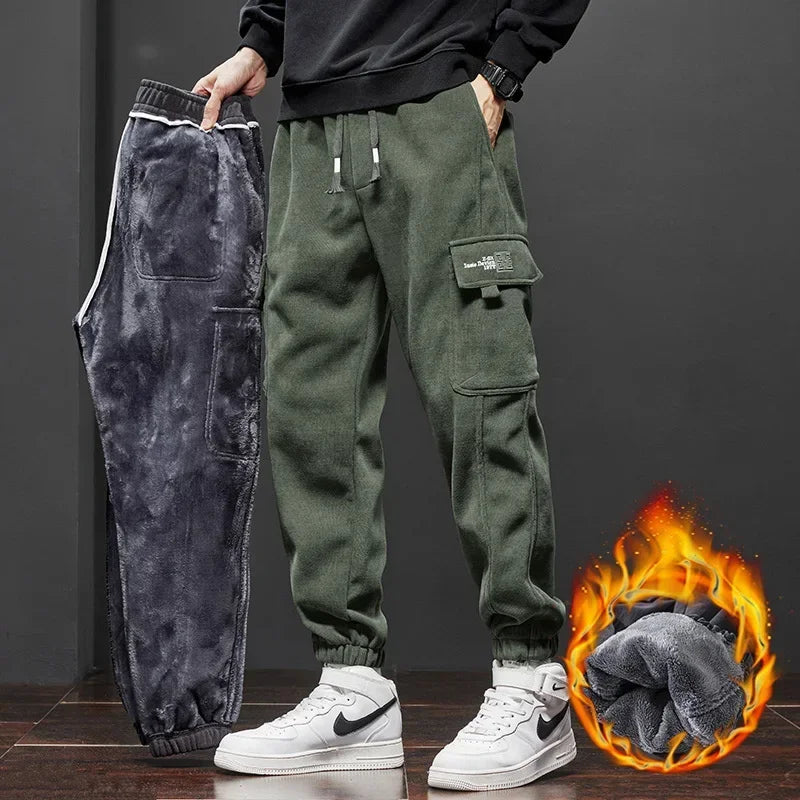 2024 Winter Fleece Corduroy Cargo Harem Pants Men Soft Thickened Warm Elastic Loose Street Jogging Sports Trousers