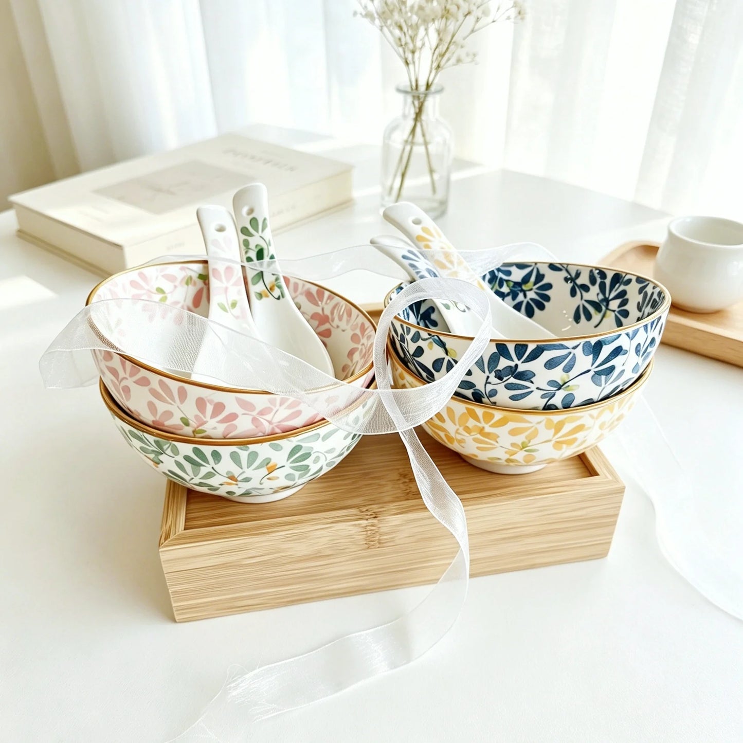 Floral Ceramic Bowl Set for Pasta, Salad, and More | Dishwasher Safe
