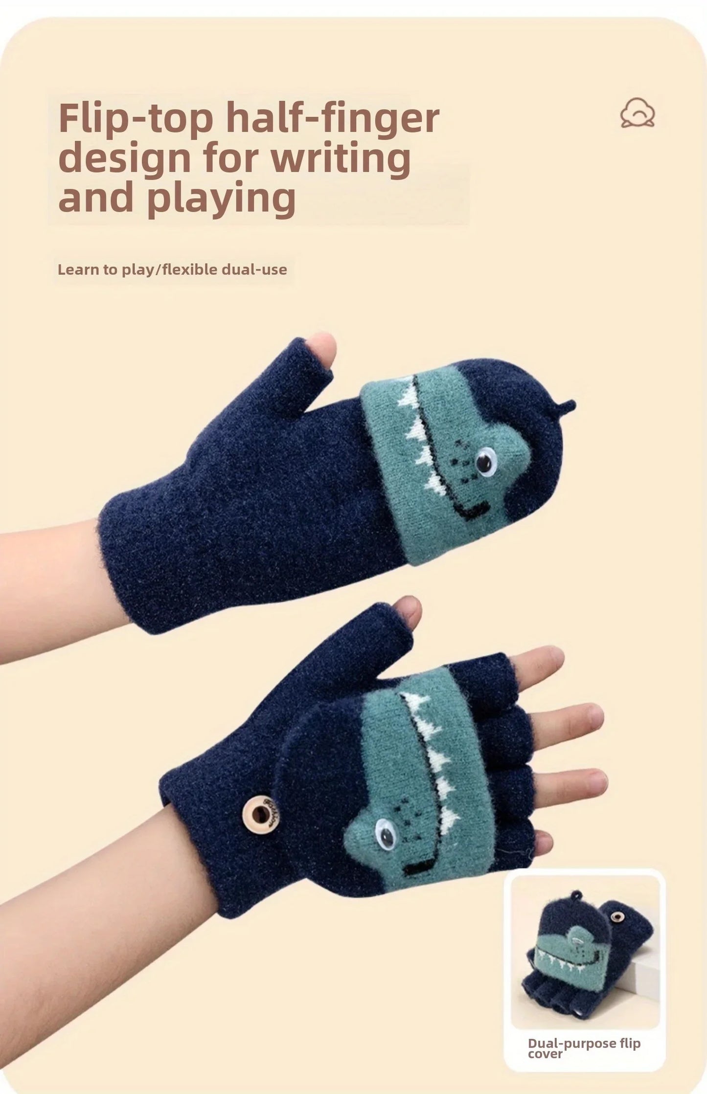 Kids Knitted Alligator Writing Gloves | Warm Winter Fingerless Gloves