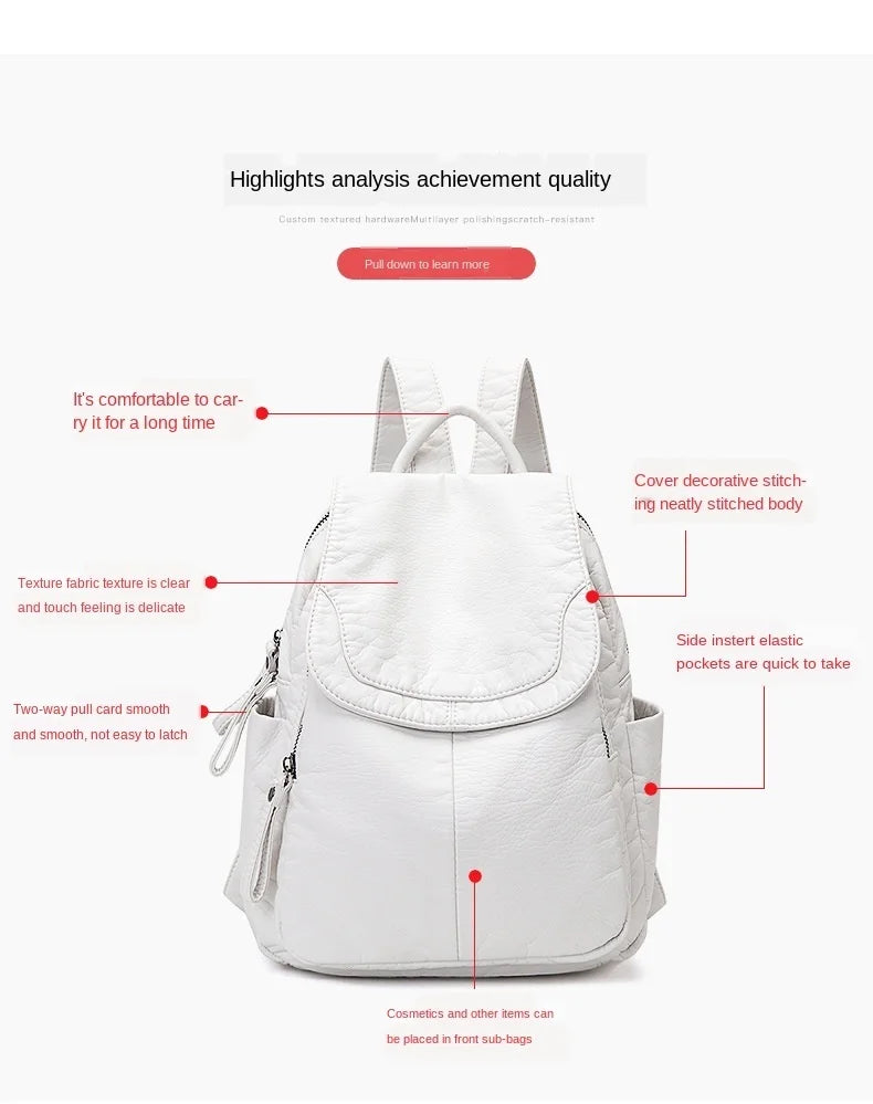 Stylish Women's White Washed Leather Backpack for Casual Travel