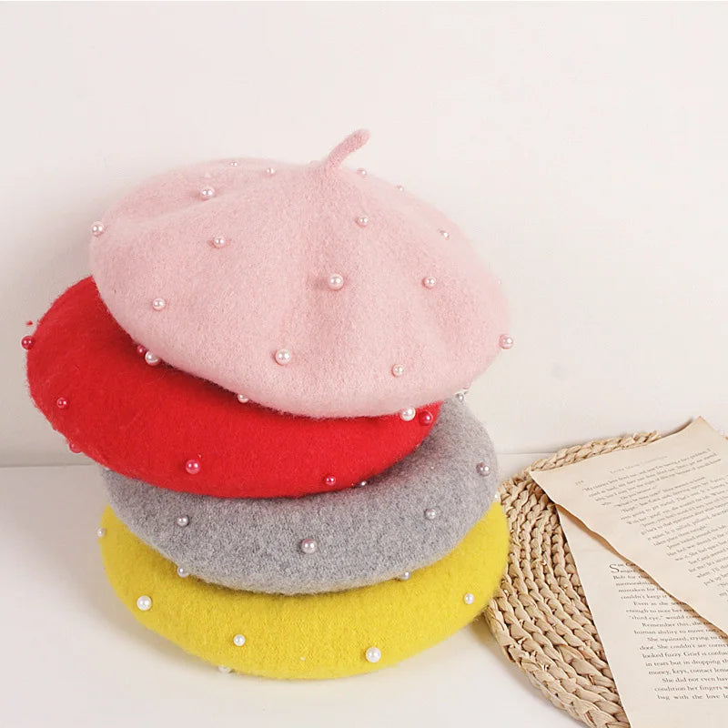 Wool Kids Winter Hat | Stylish Baby Beret with Pearl Detailing