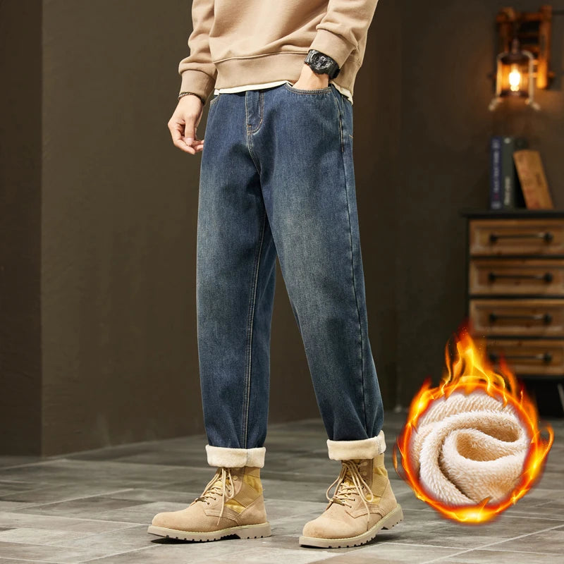 Men's Retro Loose Winter Fleece Jeans | Warm Plush Velvet Pants