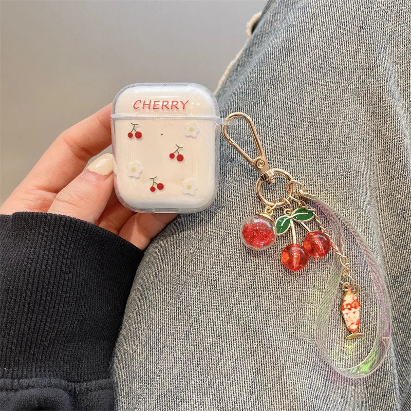 Funda de silicona transparente con diseño de cereza sonriente para AirPods