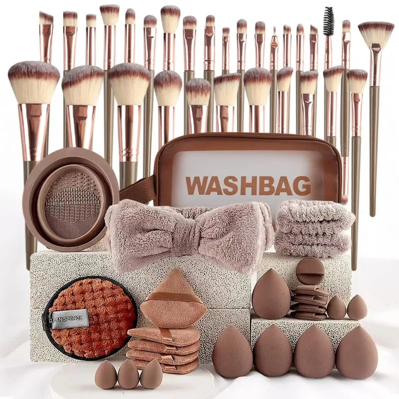 56 Piece Makeup Brush Set (Chocolate) – Full Face Cosmetics Kit with Wool Fiber Brushes, Eyeshadow Blending Brushes & Beauty Sponges