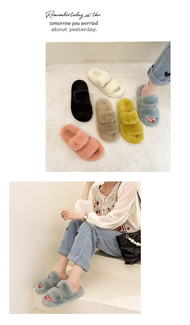 Cozy Double Fur Cross-Strap Plush Slippers | Warm Indoor Footwear