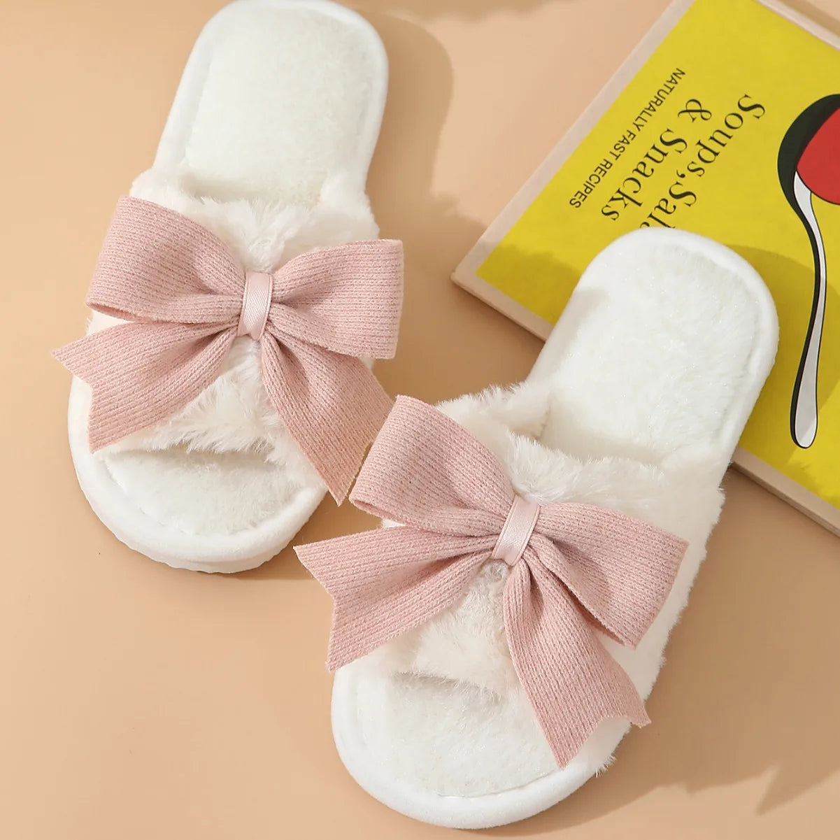Women's Cute Bow Open Toe Plush Slippers | Cozy Winter House Shoes