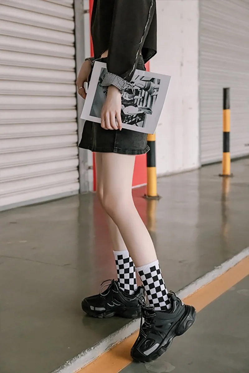 Stylish Women's Checkered Cotton Socks | Trendy Skateboard Socks