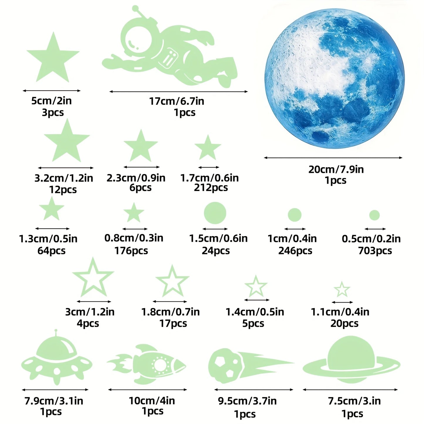 531 piezas de decoración espacial que brilla en la oscuridad | Aventura en la habitación de los niños