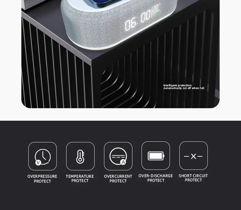 15W Wireless Charger Alarm Clock with LED Night Light — Multifunction Bedside Dock, Digital Thermometer & Time Display for iPhone 17 / 16 / 15 / 14 / 13 & Qi-Compatible Phones