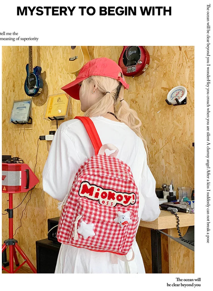 Stylish Girls Red Plaid Backpack | Large Capacity School Bag