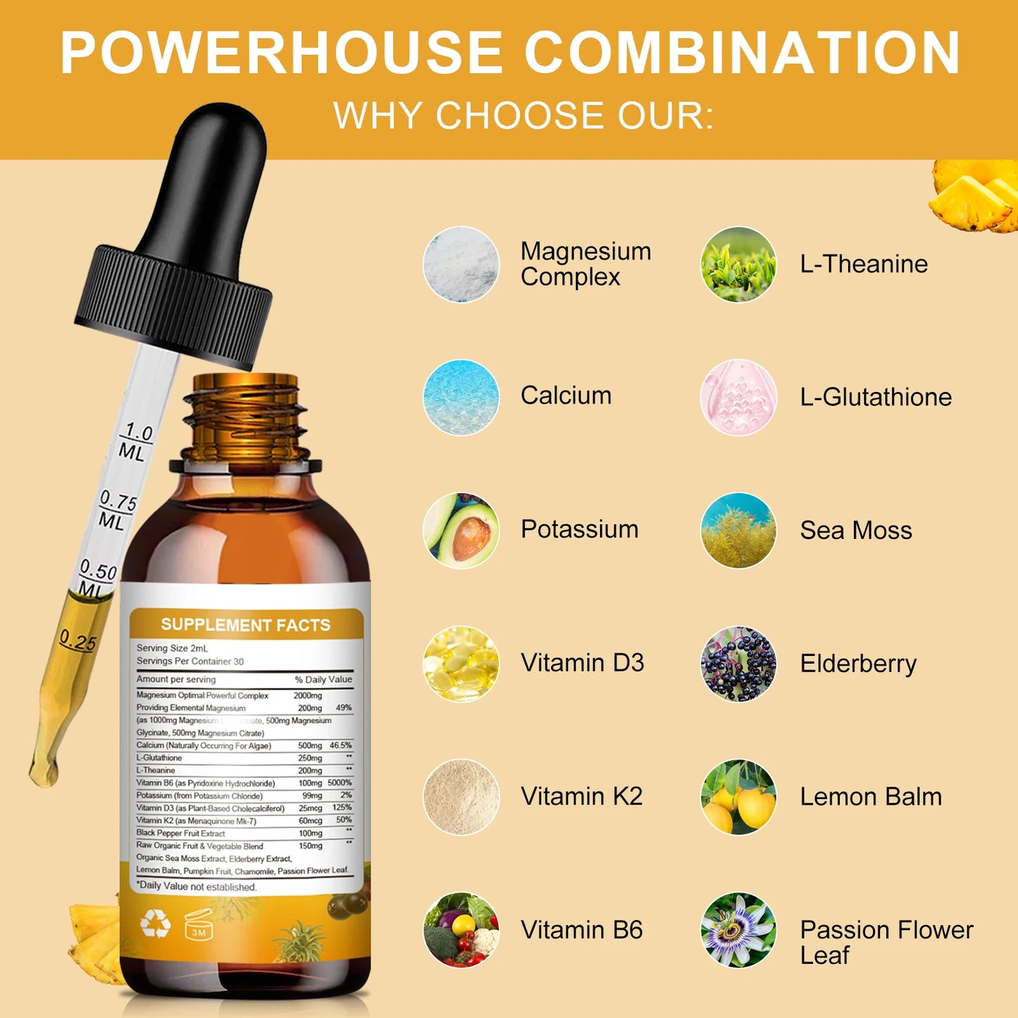 Magnesium Glycinate Drops - Pineapple Flavor for Relaxation & Sleep