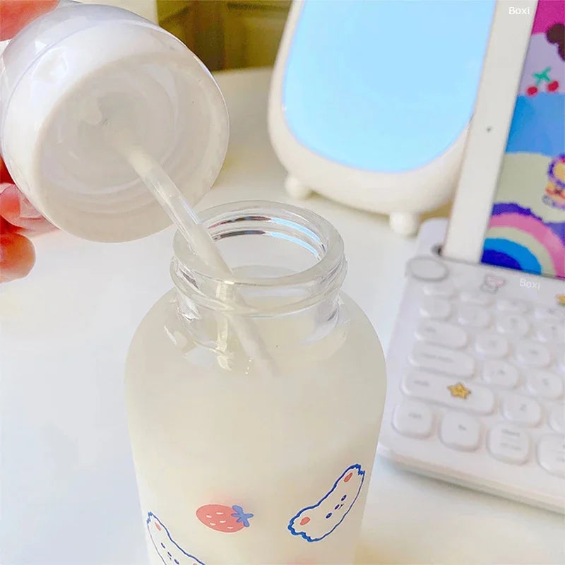 Kawaii Strawberry Bear Glass Water Bottle | Cute & Eco-Friendly
