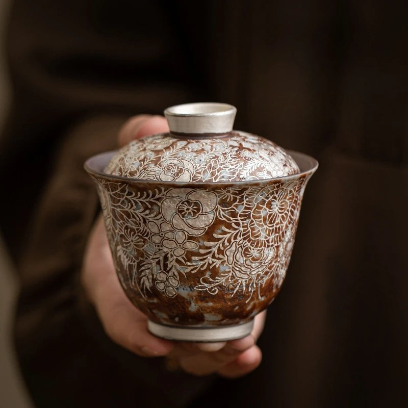 Juego de té Gaiwan de plata dorada elegante | Exquisita vajilla de cerámica