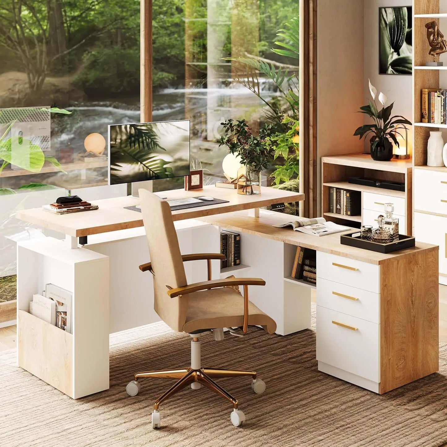 63" Height Adjustable Standing Desk with File Cabinet & Privacy Panel