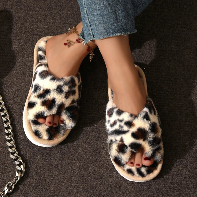 Women's Cross Band Fluffy Plush Slippers | Cozy Indoor House Shoes