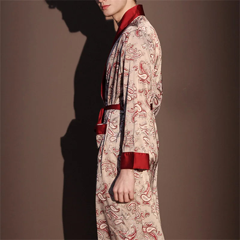 Spring Summer New Mens Robe Printed Bathrobe Kimono Gown Silky Satin Male Sleepwear Night Clothes Loose Casual Homewear Pajama