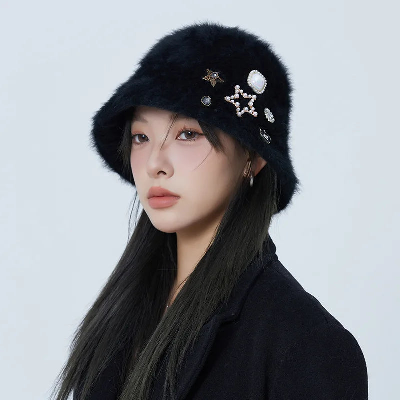 Oversized Rhinestone Rabbit Fur Bucket Hat | Stylish Warm Winter Cap