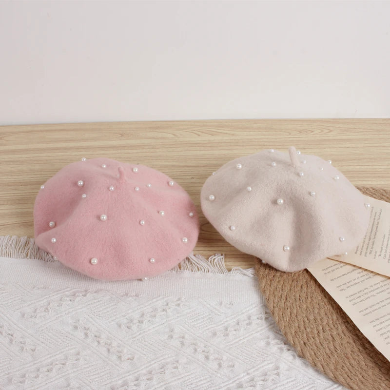 Wool Kids Winter Hat | Stylish Baby Beret with Pearl Detailing
