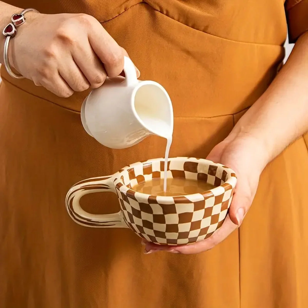 1pc Creative ceramic checkered pattern tea cup, irregular chessboard coffee cup