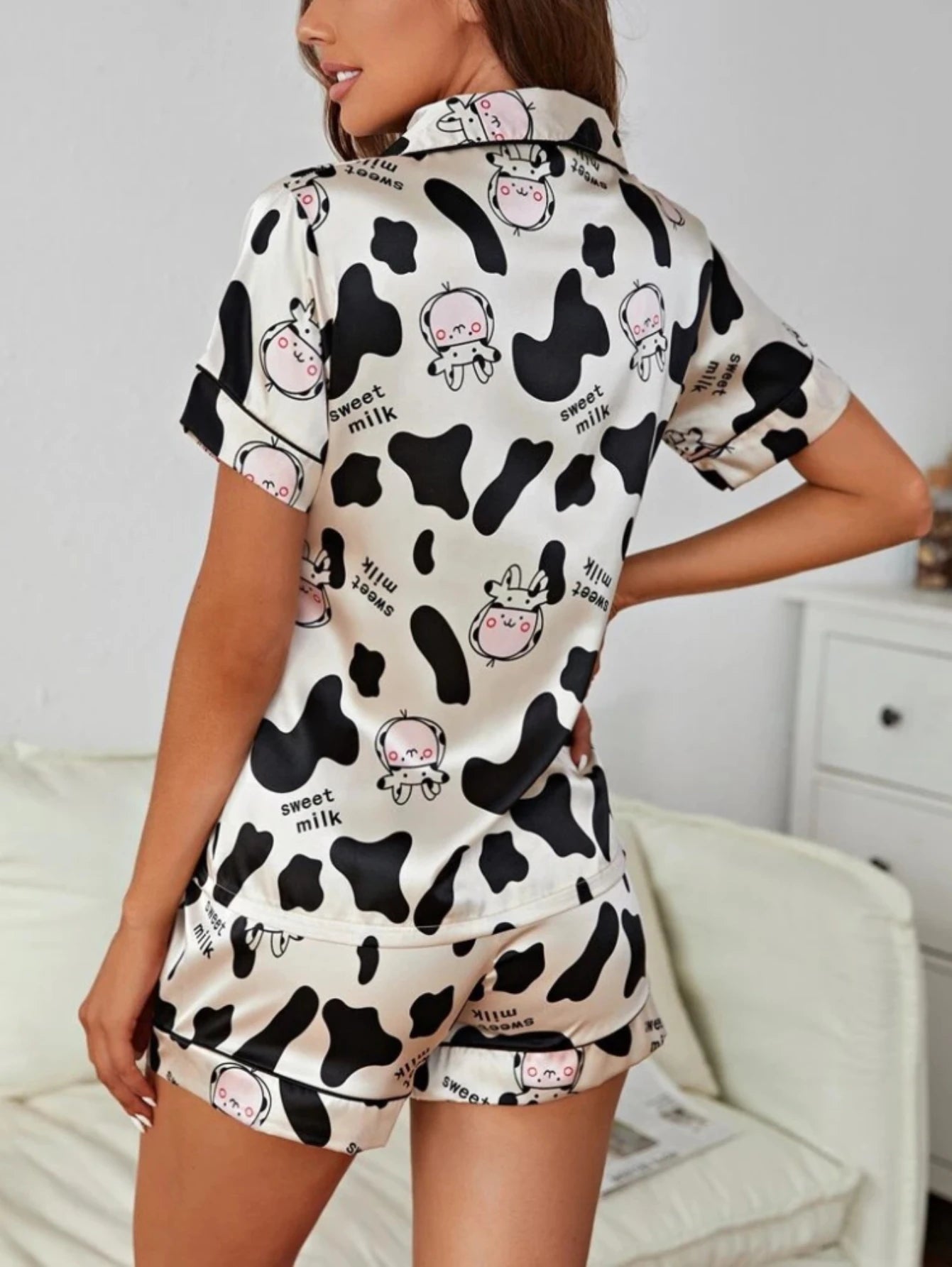 Cute Cow Print Satin Pajama Set | Relax in Style