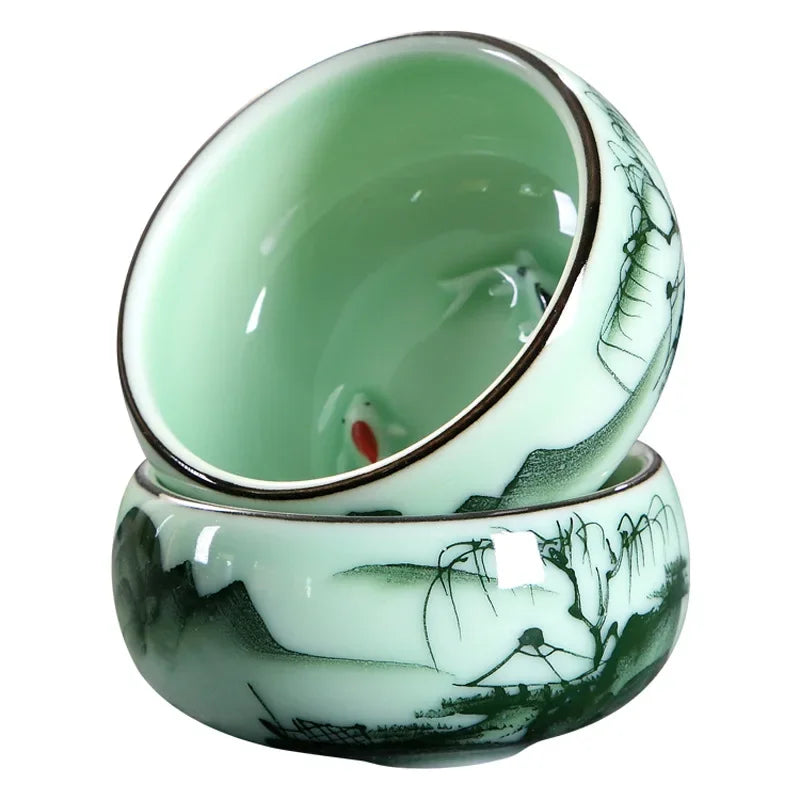 Traditional Hand-painted Celadon Teacup Set | Unique Tea Experience