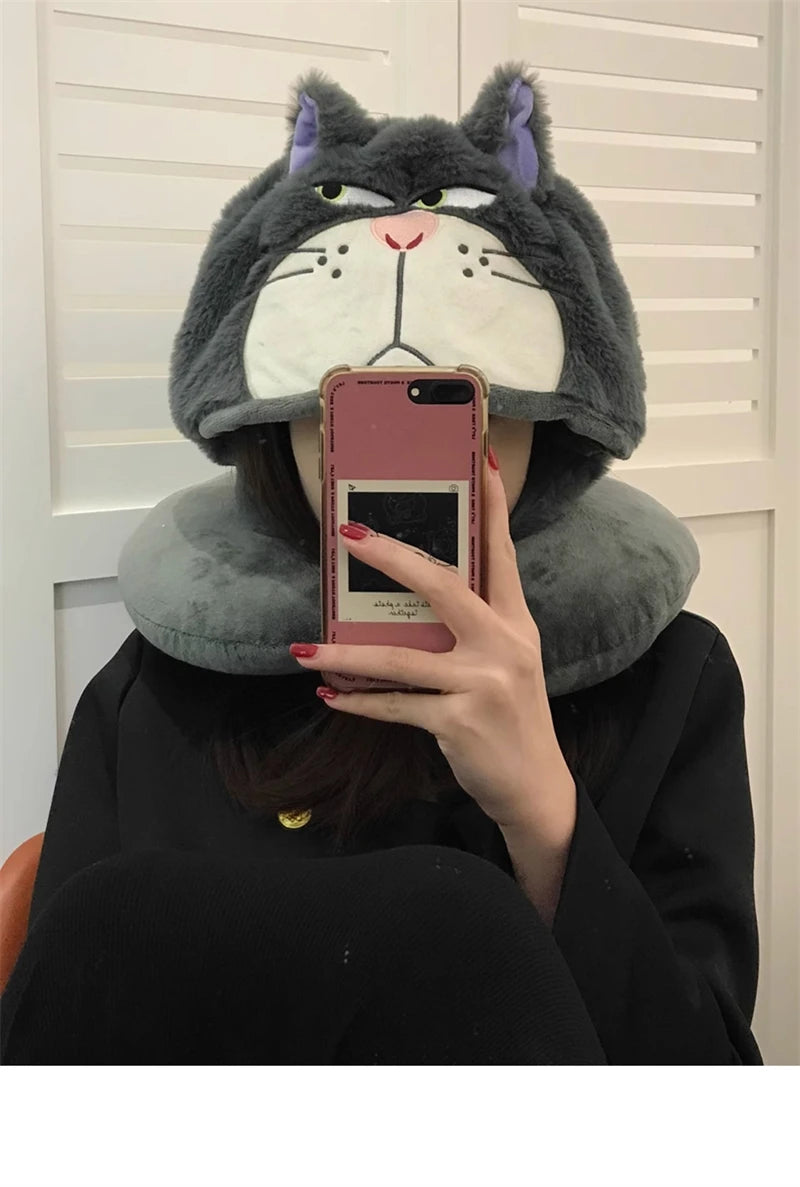 Kawaii Cat U-Shaped Neck Pillow | Cozy Hooded Travel Companion