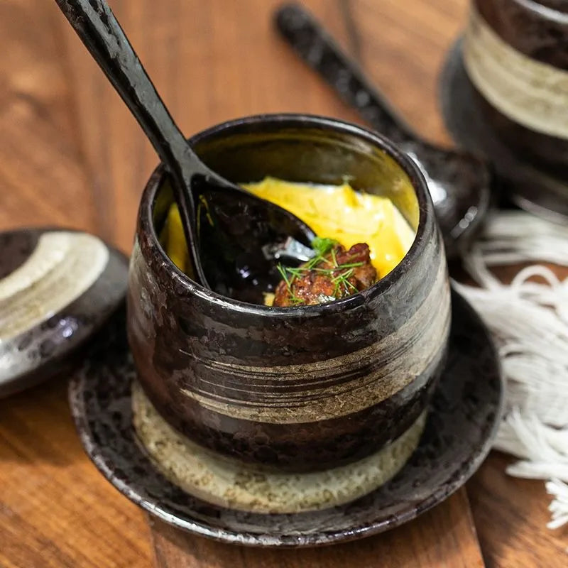 Japanese Retro Ceramic Stew Pot with Lid & Spoon Set | Multifunctional Soup Cup