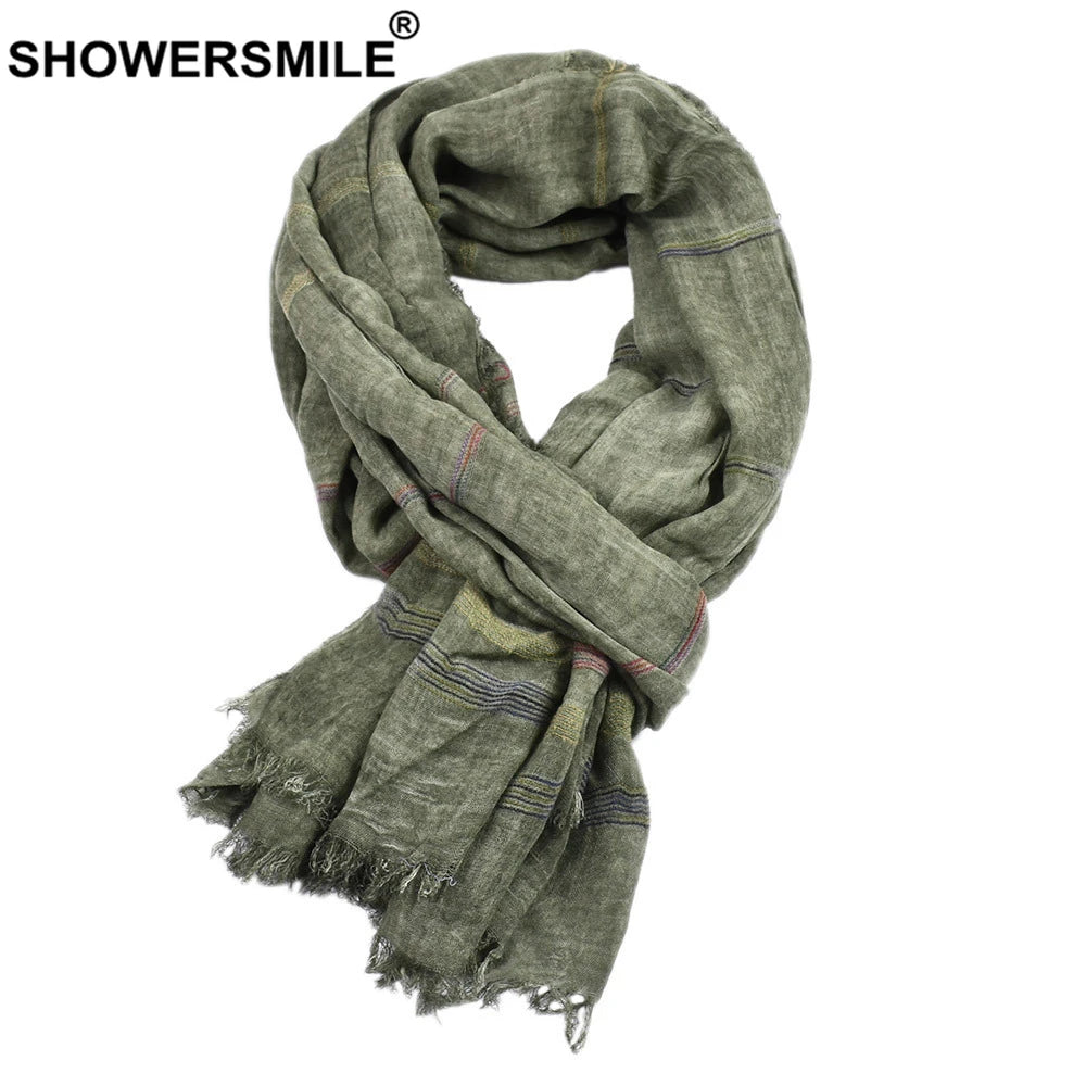 Men's Green Cotton Linen Scarf | Warm Autumn Winter Accessory