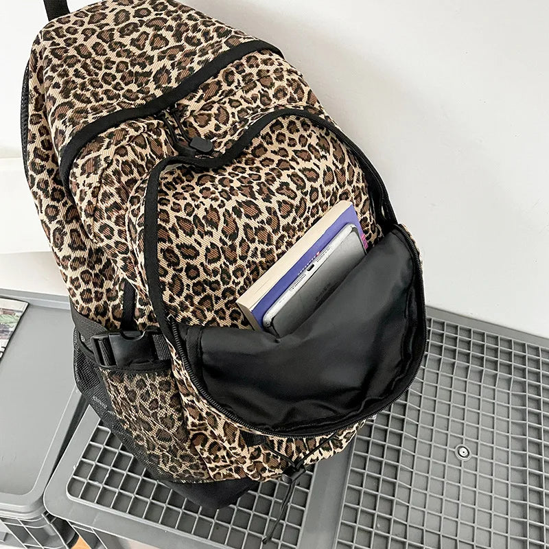 Vintage Leopard Print Backpack, Large Capacity School Bookbag with Side Mesh Pouch, for Students Travel Outdoor Streetwear