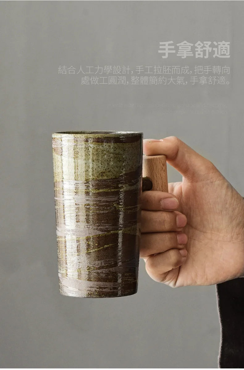 Handmade Stoneware Coffee Cup with Wooden Handle | Vintage Style Mug