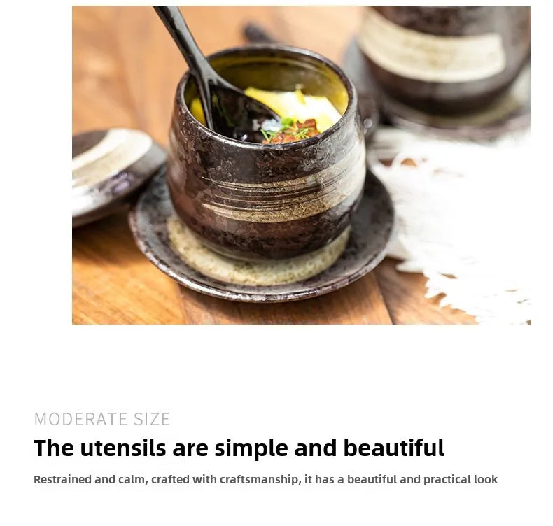 Japanese Retro Ceramic Stew Pot with Lid & Spoon Set | Multifunctional Soup Cup