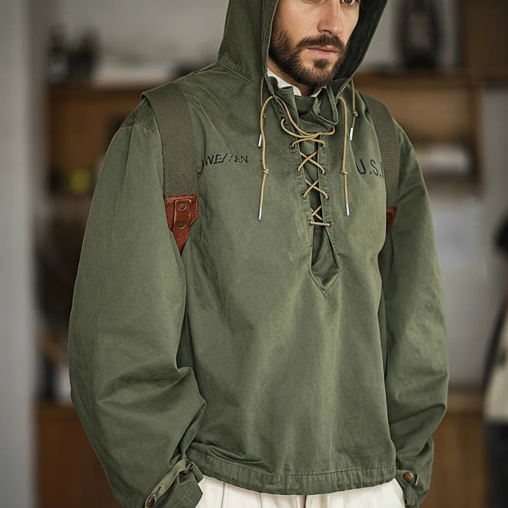 Men's Retro Green Hooded Sweatshirt | Stylish Adjustable Windbreaker
