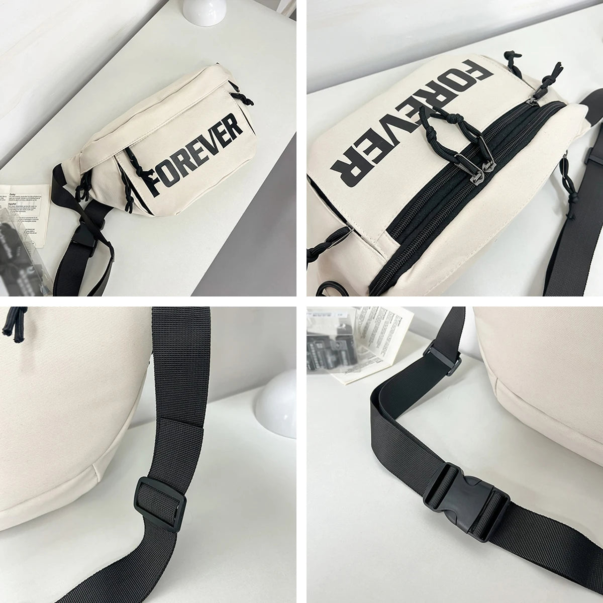 Beige and White Crossbody Chest Bag | Stylish Large Capacity Fanny Pack