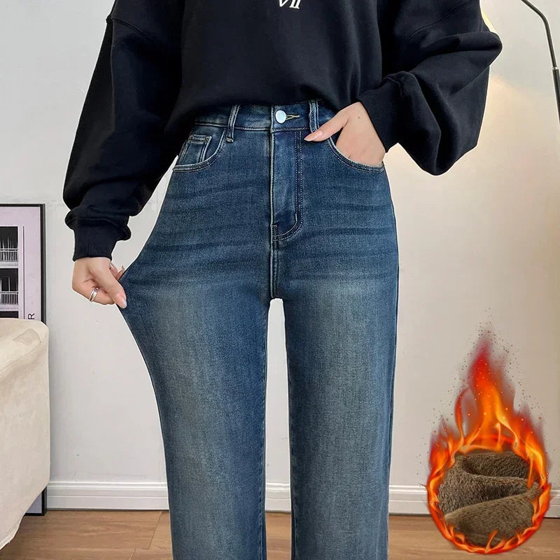 Women's Thickened Velvet Straight Jeans | Warm Fleece Pants
