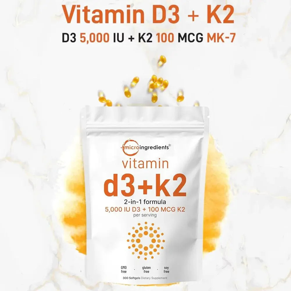 Vitamin D3 K2 Capsules for Immune Support | 300 Vegan Softgels