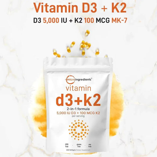 Vitamin D3 K2 Capsules for Immune Support | 300 Vegan Softgels