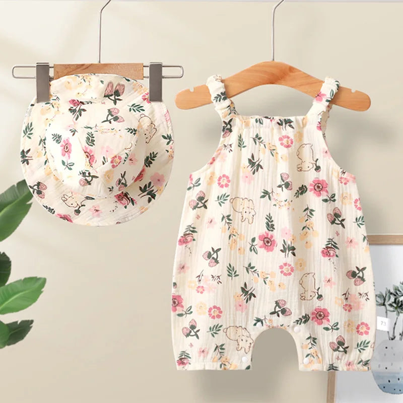 Summer Baby Girls Romper with Hat | Adorable Cherry Bear Design