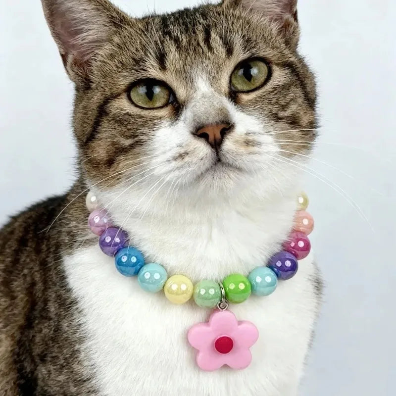 Adjustable Beaded Cat Flower Pendant Neck Chain | Pet Jewelry