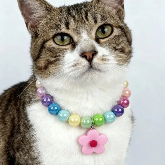 Adjustable Beaded Cat Flower Pendant Neck Chain | Pet Jewelry