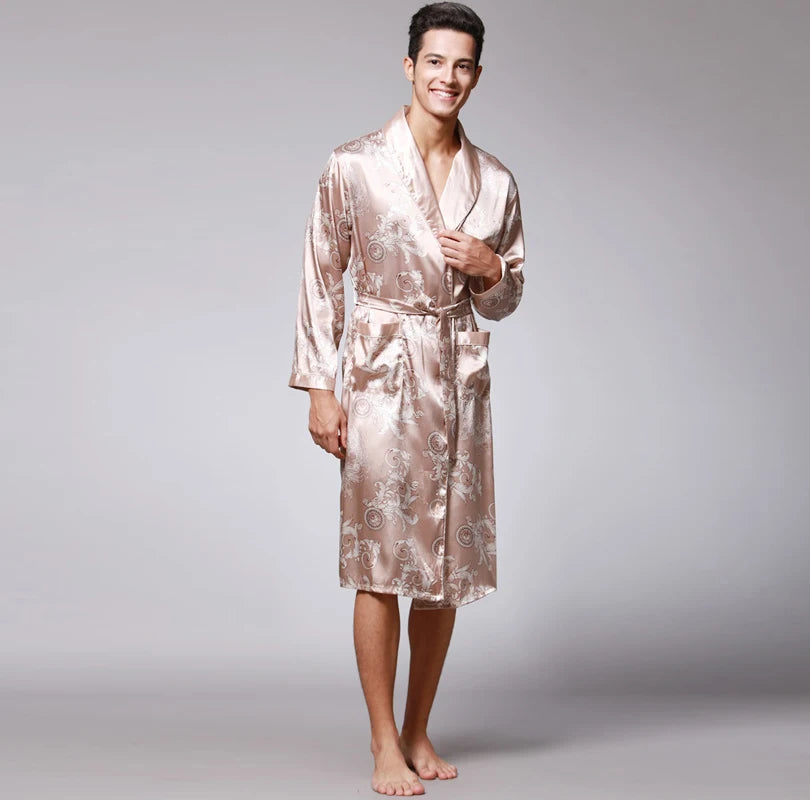 Traditional Japanese KIMONO Fashion YUKATA Oriental Gold Dragons Pattern Bathrobe Summer Men Ice Silk Robes Pajamas  Sleepwear