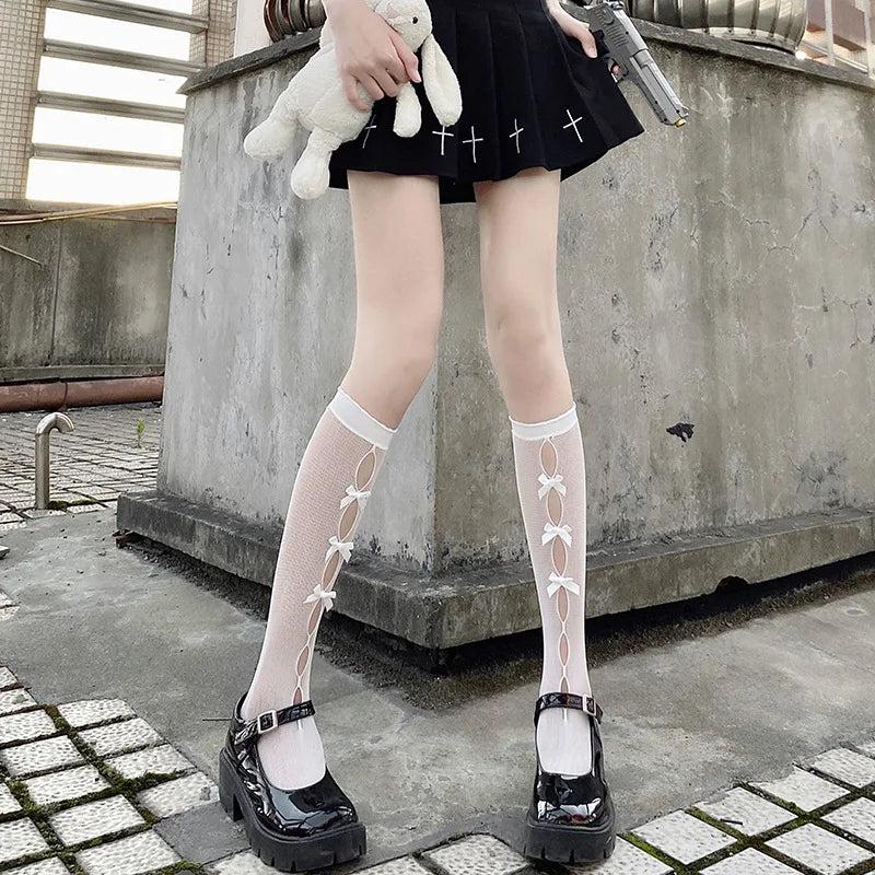 Kawaii Hollow Out Mesh Fishnet Socks | Cute Bow Long Stockings