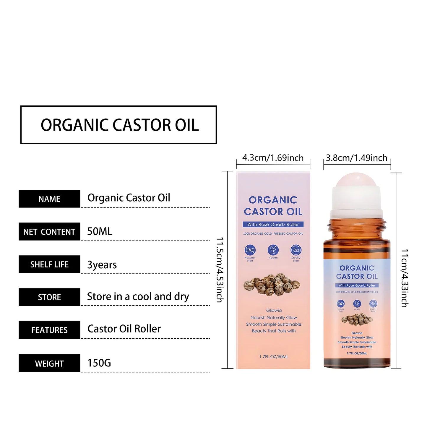 Natural Organic Castor Oil with Rose Quartz | Moisturizing Roll-On