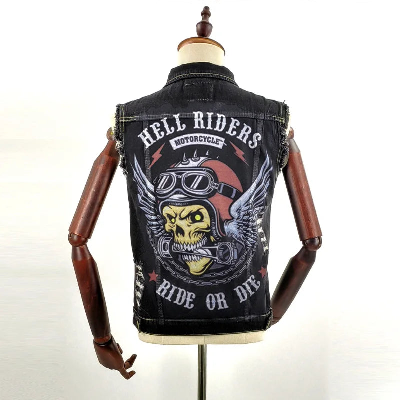 Men's Retro Denim Motorcycle Vest | Stylish Sleeveless Jacket