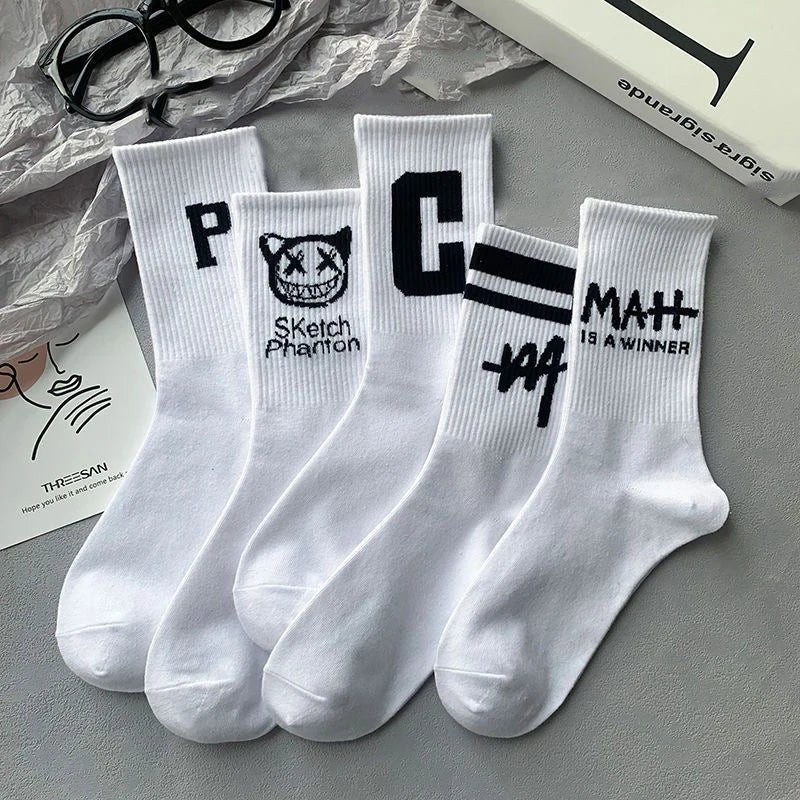 5 pairs of couples Instagram trendy socks with little devil pattern for students in spring and autumn, black and white sports ba