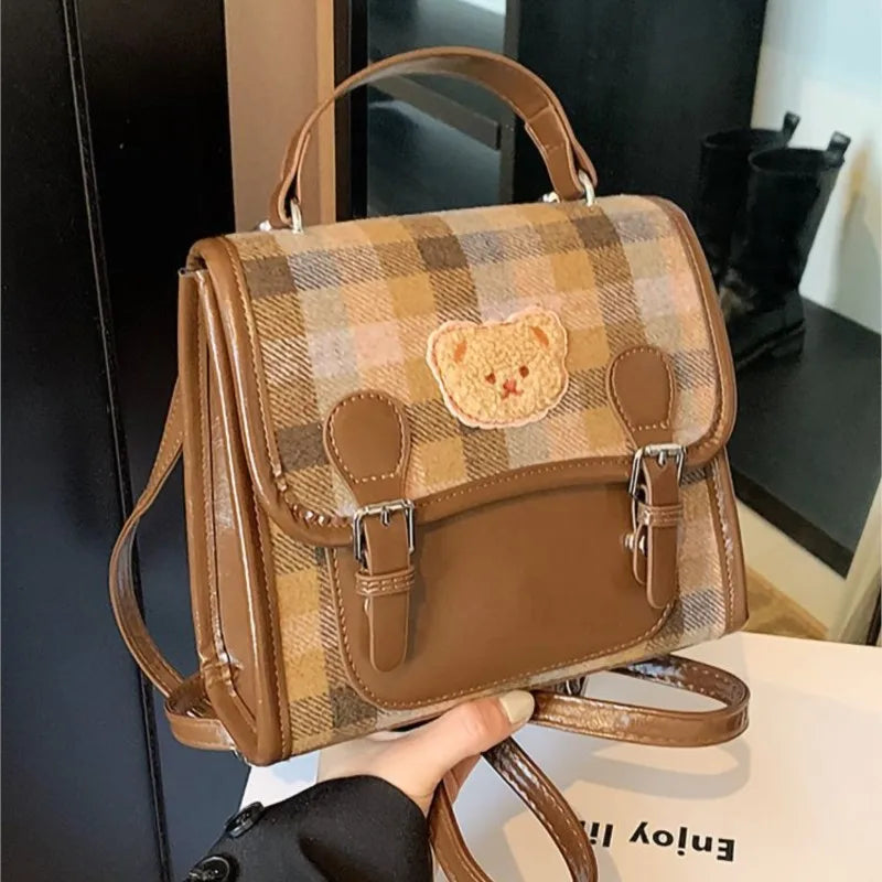 Cute Bear Backpack for Women | Vintage Plaid Student Bag
